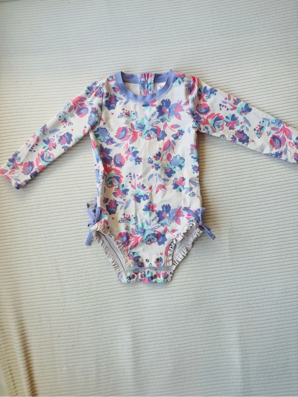 Ruffle Butts Lilac and Pastel Floral Long-Sleeve Kids Swim Rashguard 2T